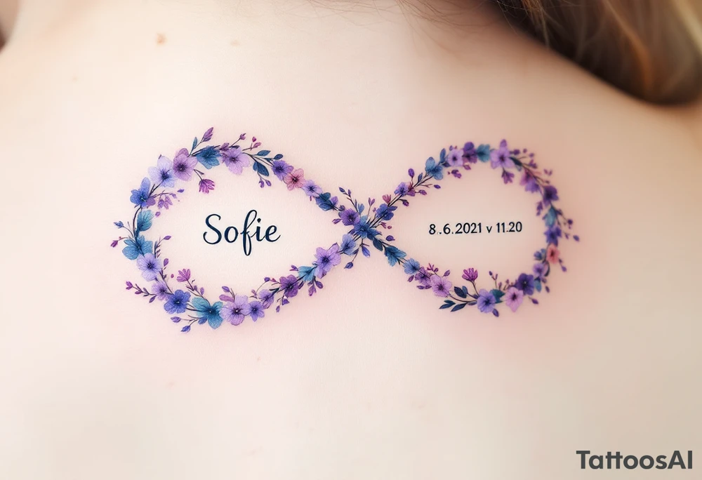 Floral infinity sign incorporating "Sofie – 8.6.2021 v 11:20" in lavender and soft beige. tattoo idea
