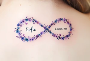 Floral infinity sign incorporating "Sofie – 8.6.2021 v 11:20" in lavender and soft beige. tattoo idea