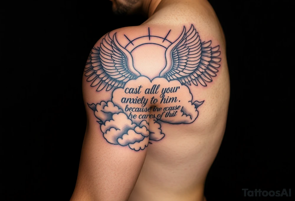 cast all your anxiety on him because he cares for you" with angels and clouds tattoo idea