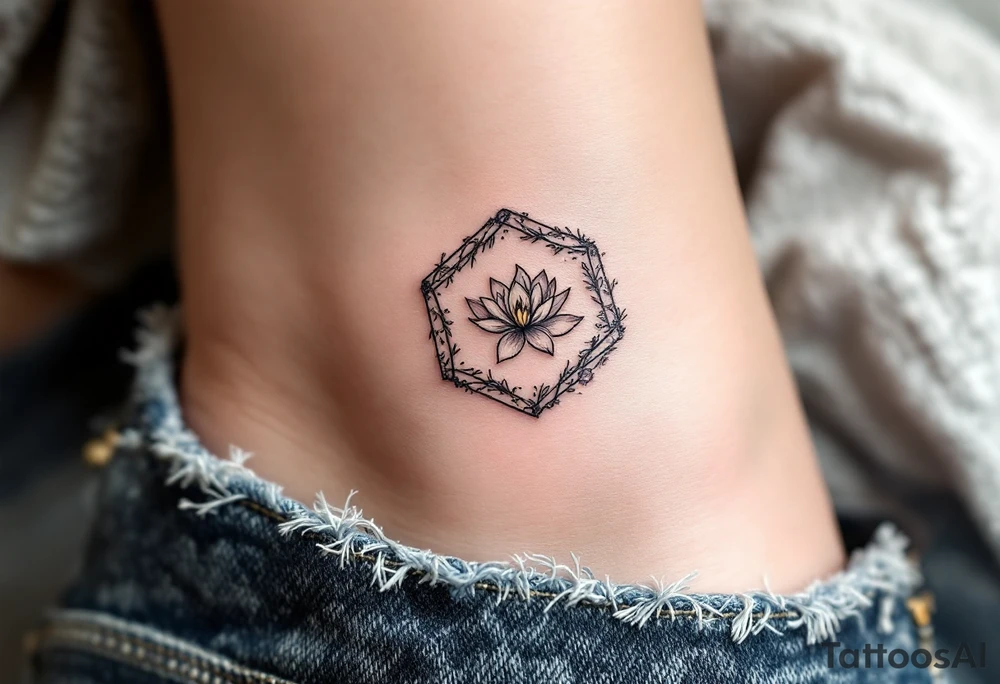 Faint Hexagon with Leo, larkspur and water lilies in the center tattoo idea