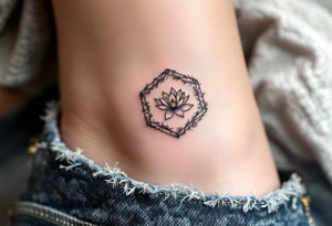 Faint Hexagon with Leo, larkspur and water lilies in the center tattoo idea