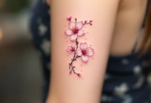 Three delicate cherry blossoms falling together in white, light pink, and magenta, symbolizing fleeting but beautiful shared moments. tattoo idea