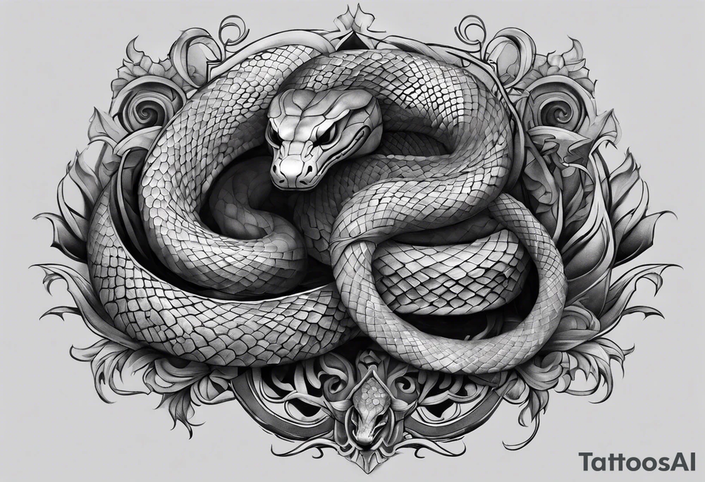 A snake wrapping around the legs of a man with 8 arms and no face in pencil drawing style. The upper part of the snake will come up from the right and look back at the man figure. There will be a black eye above the man looking directly forward. tattoo idea