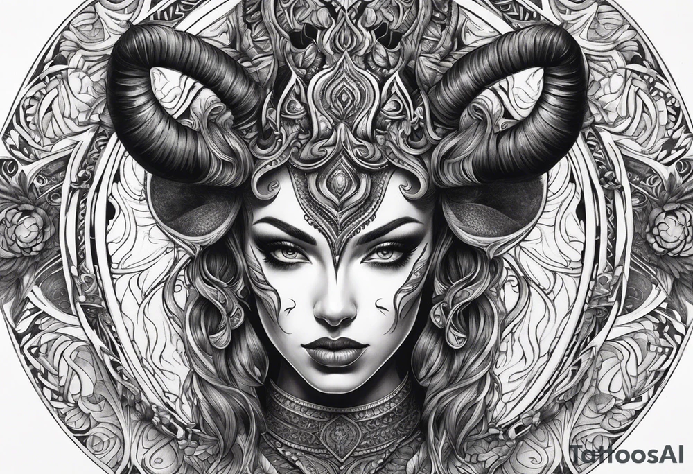 symmetrical woman head with curved horns facing downwards dark realism looking front facing view, ornamental horror metal on face tattoo idea