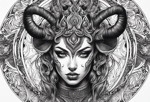 symmetrical woman head with curved horns facing downwards dark realism looking front facing view, ornamental horror metal on face tattoo idea