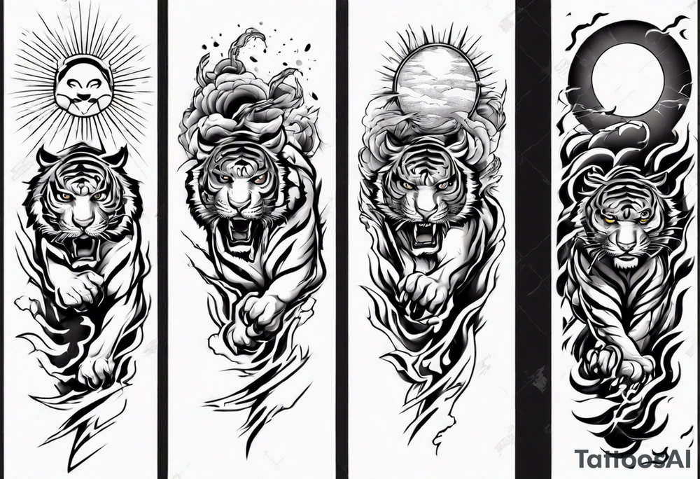 Tiger warrior with lightning and the sun for a forearm sleeve tattoo idea