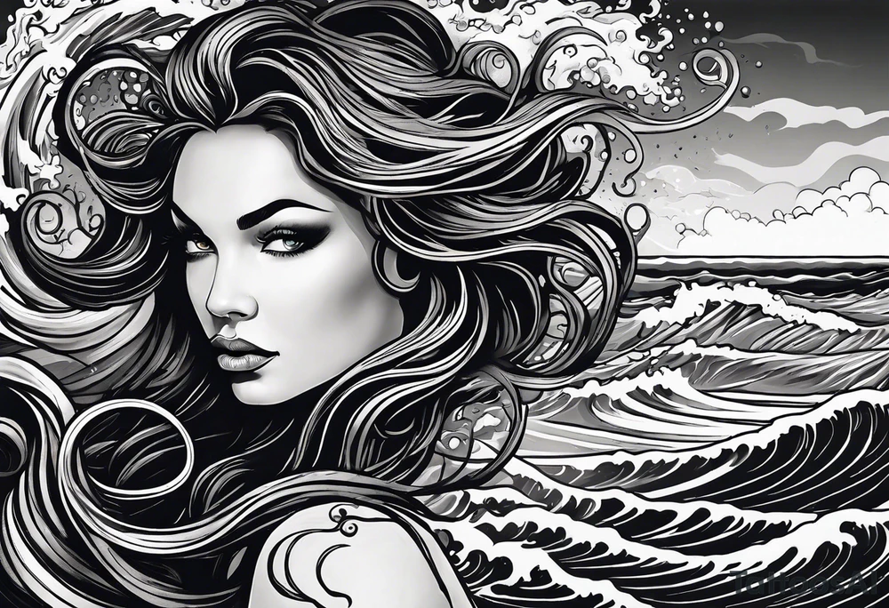 stormy sea waves, a woman in the middle of a storm, Medusa the Gorgon tattoo idea