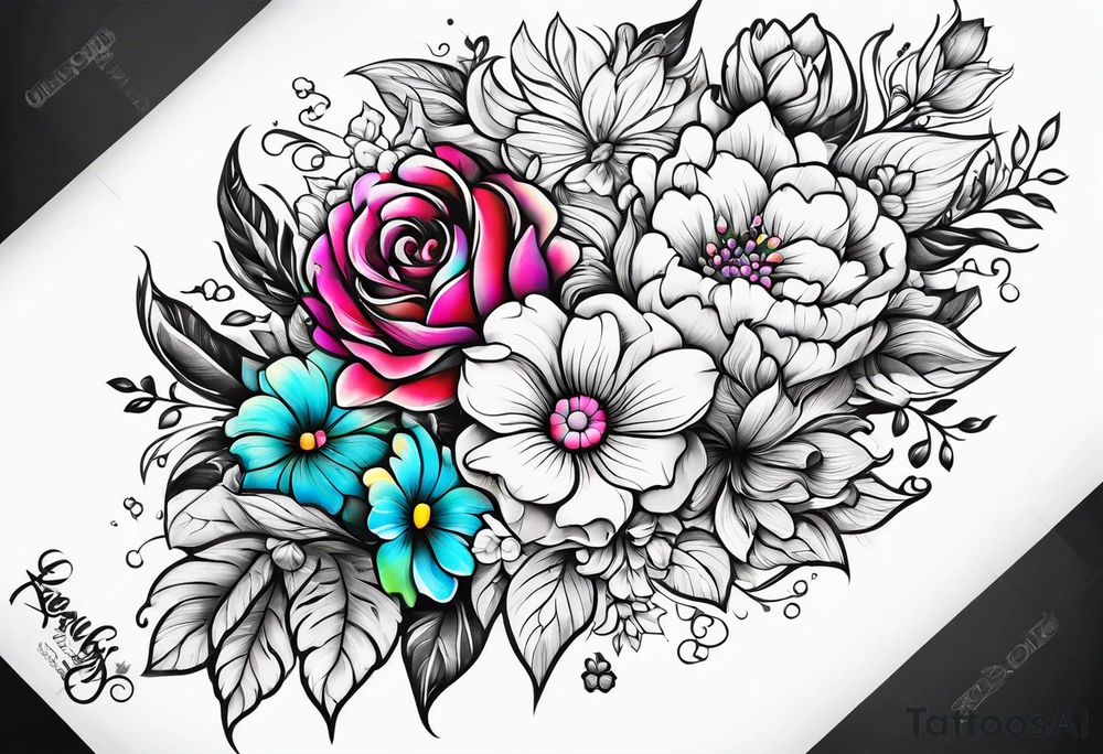 Arm sleeve dedicated to mom with rainbow flowers tattoo idea