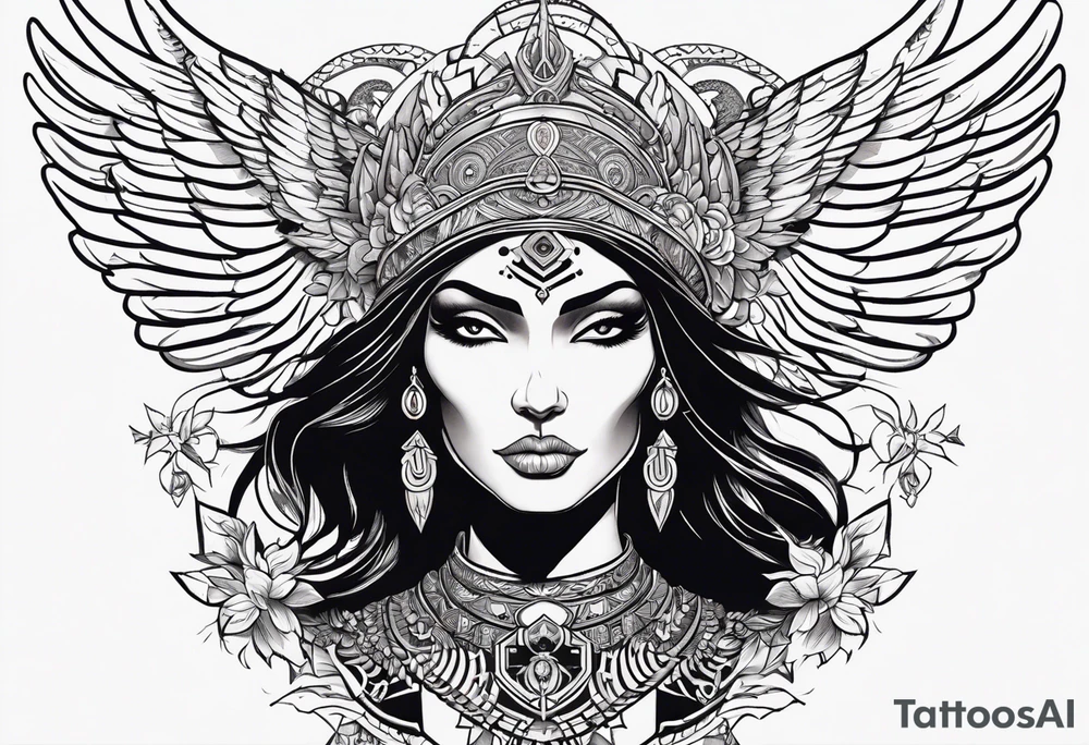 black kali, goddess pirate, alien, angel, pachamama, valkrye, warrior, flying, skull, lotus azul, wing, eagle, zenza resonance, stars, 5D, anahata chakra, death, durga, riding on a tiger, flying lady tattoo idea