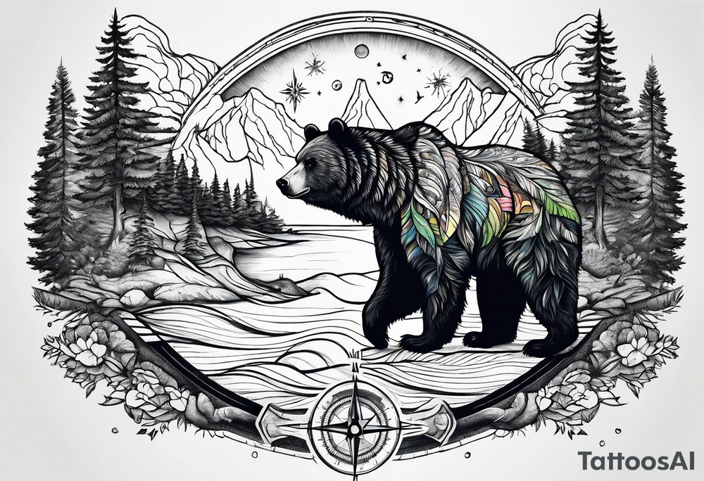 bear mountain trees river compass tattoo idea