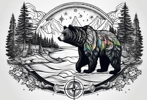 bear mountain trees river compass tattoo idea