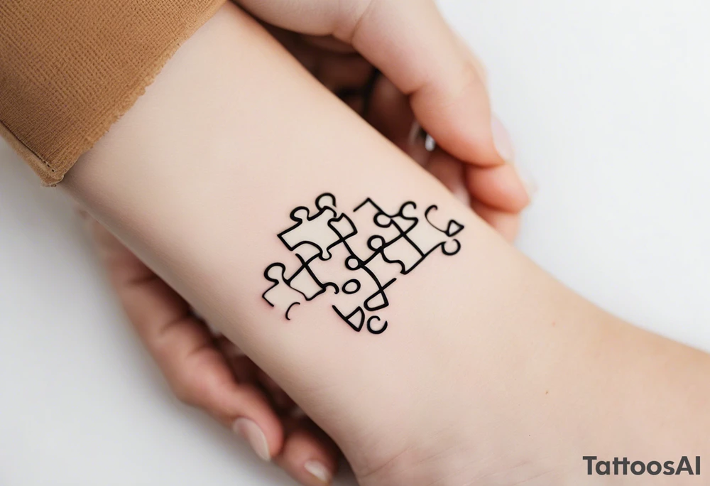 simple, fine line tattoo that includes my sisters handwriting "my favorite sister" and incorporate a single puzzle piece. This will be on my ankle and should be small. 
Have the words inside the puzzle piece tattoo idea