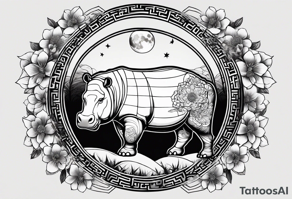 Very asymmetrical, +geometric pattern, with realistic full moon, with seeious looking hippo, +zen feel, + Buddhism touch, +tribal, +geometric, +chinese inkart 
with wintersweet flower bud, +portrait orientation, +inkart touch, tattoo idea