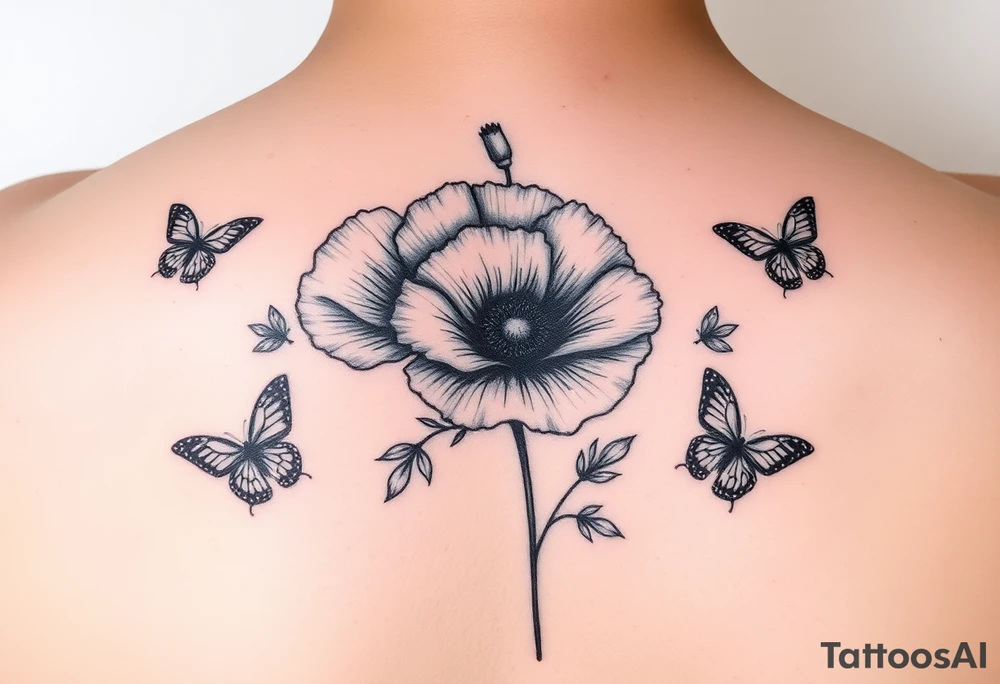 Mama of two baby girls tattoo with poppy flower and butterflies tattoo idea
