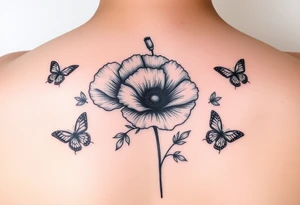 Mama of two baby girls tattoo with poppy flower and butterflies tattoo idea