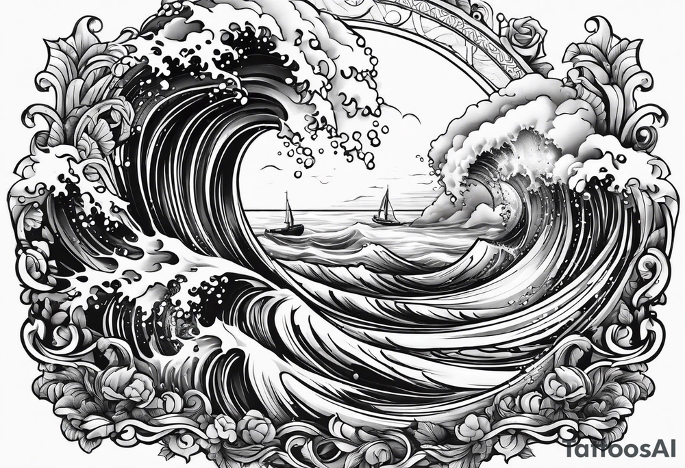 Poseidon im Meer mit Windsurfer und Wellen im Hintergrund tattoo idea