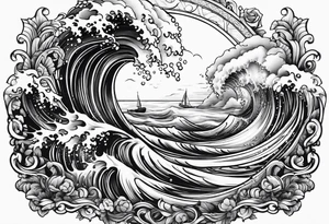 Poseidon im Meer mit Windsurfer und Wellen im Hintergrund tattoo idea
