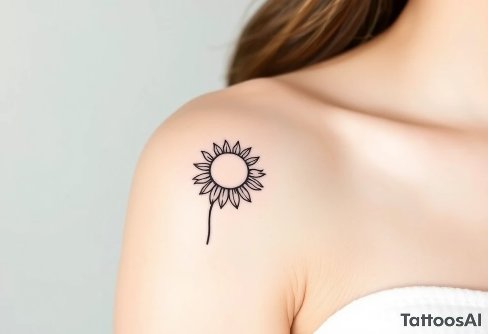 Half Sunflower, half sun tattoo that will "shine" on my bicep with stem, fine line and feminine tattoo idea