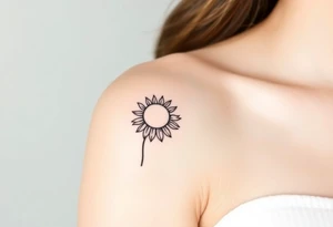 Half Sunflower, half sun tattoo that will "shine" on my bicep with stem, fine line and feminine tattoo idea