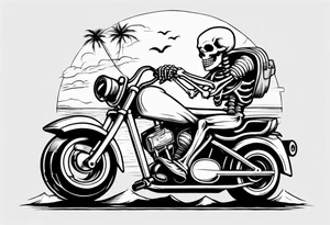 A skeleton riding a motorcycle on the beach drinking a beer tattoo idea