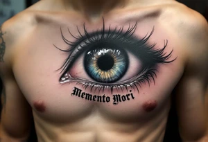 A realistic eye crying black ink tears, reflecting a skull in its pupil, with "memento mori" in gothic font below. tattoo idea