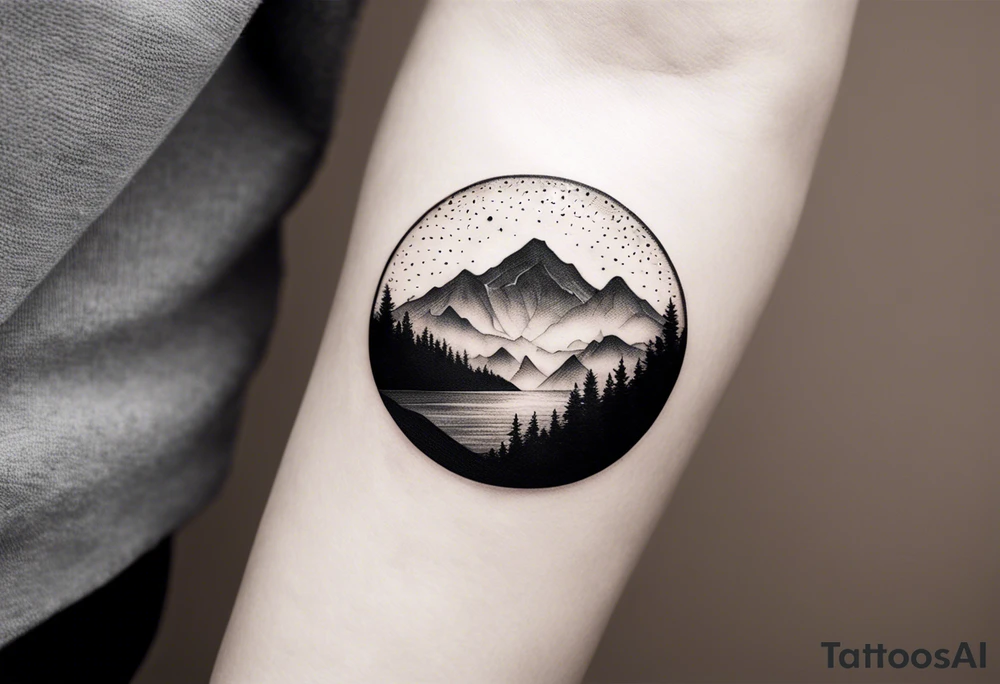 A minimalist black-and-white tattoo design, intended to be placed just above the inner elbow. The design features a thin, open circle symbolizing a cycle or new beginning. Inside the circle is a small, stylized mountain silhouette, simple and clean, representing stability and growth. From the base of the mountain, a fine, gently wavy line resembling a lifeline extends outward from the circle, symbolizing life’s journey with its ups and downs. The style is delicate and refined, with clean, thin lines for a subtle yet powerful symbol. tattoo idea