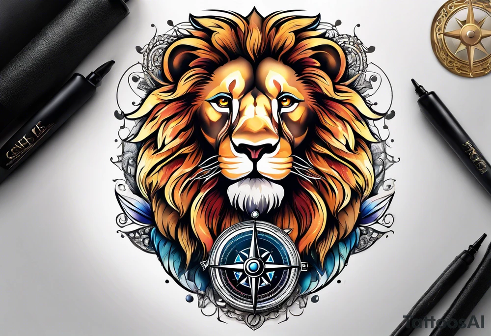 Lion with wings compass tattoo idea