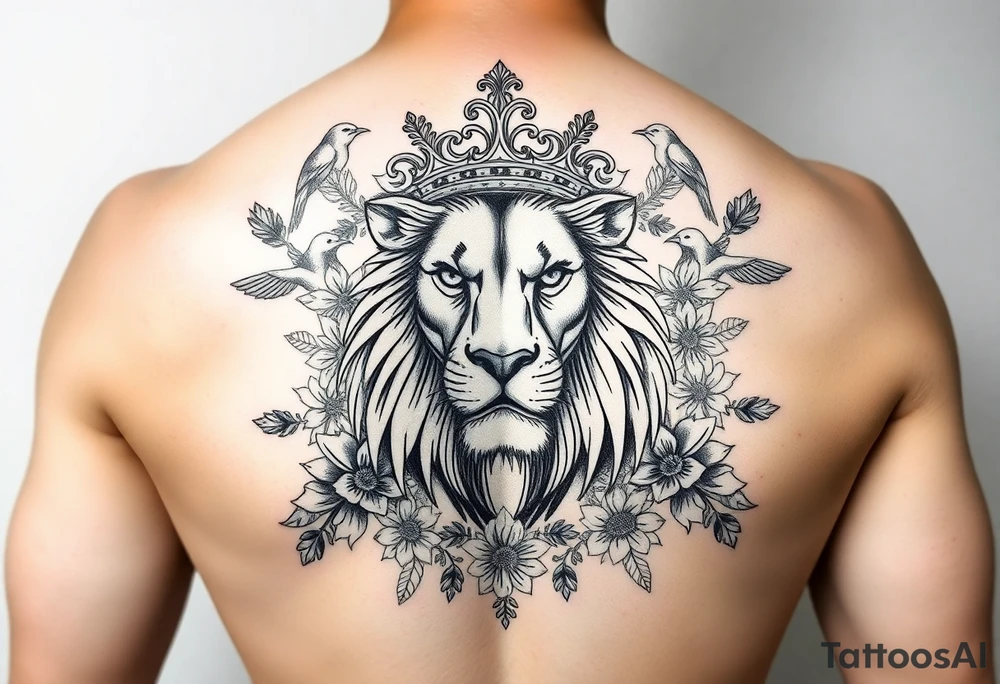 powerful majestic lion with a crown, surrounded by floral ornaments and birds tattoo idea