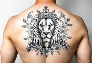 powerful majestic lion with a crown, surrounded by floral ornaments and birds tattoo idea