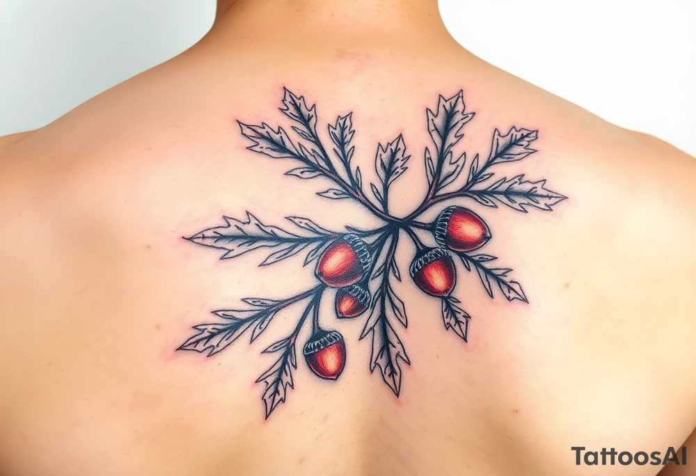 oak branch with thick leaves and acorns tattoo idea