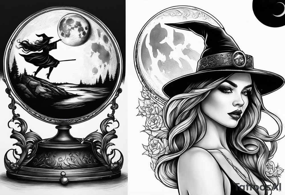 Witch’s hat on top of crystal ball that shows women dancing under a full moon tattoo idea