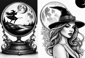 Witch’s hat on top of crystal ball that shows women dancing under a full moon tattoo idea
