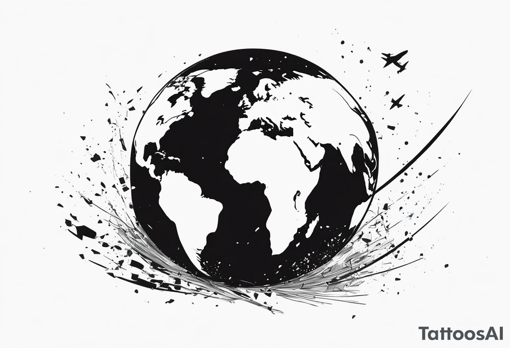 globe shattering with world map tattoo idea
