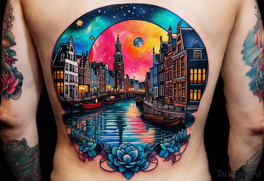 Tattoo of water in space featuring animals featuring Amsterdam buildings and canal in galaxy colours featuring animals and pineapples tattoo idea