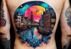 Tattoo of water in space featuring animals featuring Amsterdam buildings and canal in galaxy colours featuring animals and pineapples tattoo idea