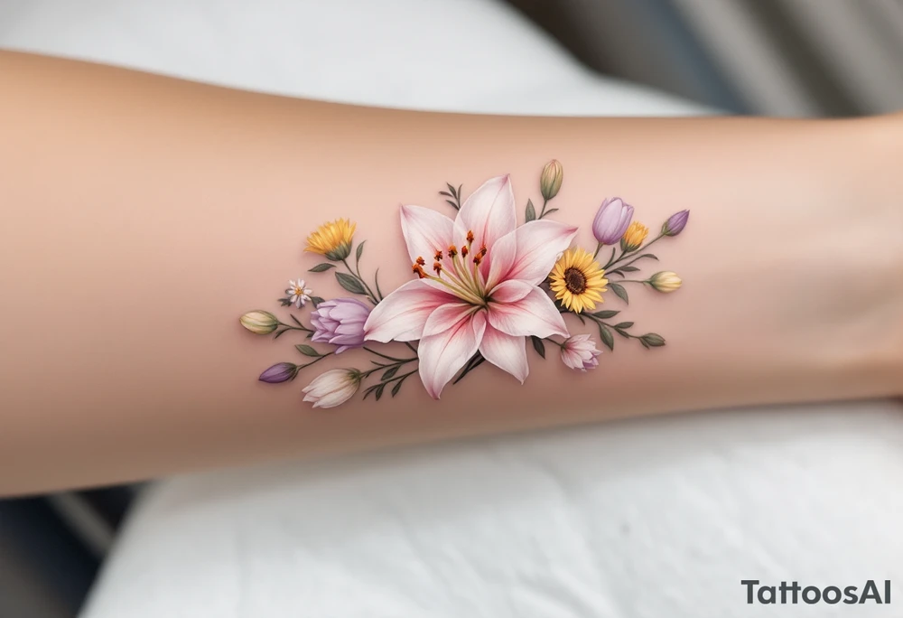 Dainty Stargazer lillies pale pink with no outline 
with small yellow sunflowers and pale purple tulip buds in a dainty wildflower bouquet with light green stems tattoo idea