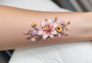 Dainty Stargazer lillies pale pink with no outline 
with small yellow sunflowers and pale purple tulip buds in a dainty wildflower bouquet with light green stems tattoo idea