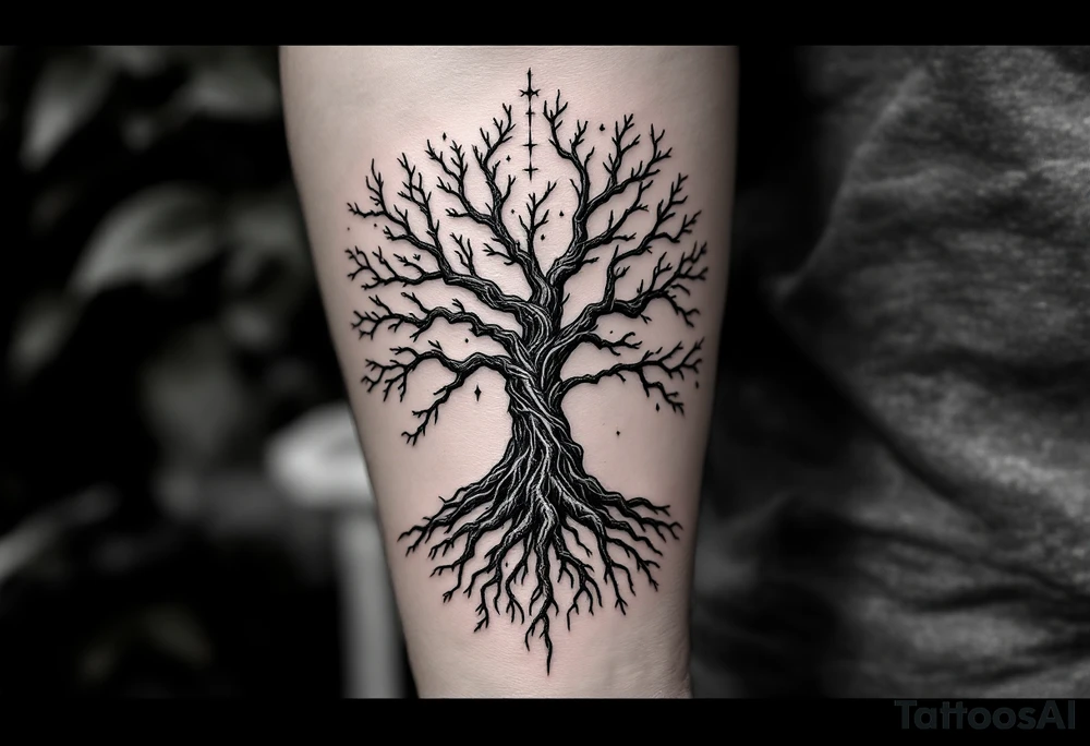 mystical tree of life with cosmic roots and celestial branches tattoo idea