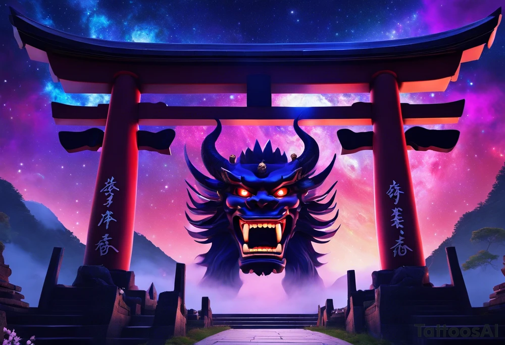 torii gate in biomechanical style in background.

Dominant demonic figure, formidable face with royal king features, has a evil grin and a bit of open mouth with glimpse of devil fang teeth, similar to skull features, framed by deep-set glowing galaxy eyes, head has prominent purple deep blue flames (Not standalone horns) with intricate recognizable swirling galaxy shaped textures with fiery peacock blue green turquoise colour highlights. tattoo idea