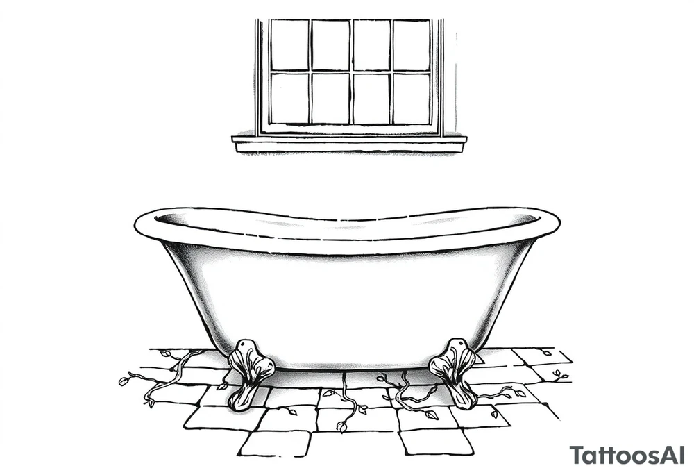clawfoot bathtub with window above it. add a tile floor with a vine growing through the cracks tattoo idea