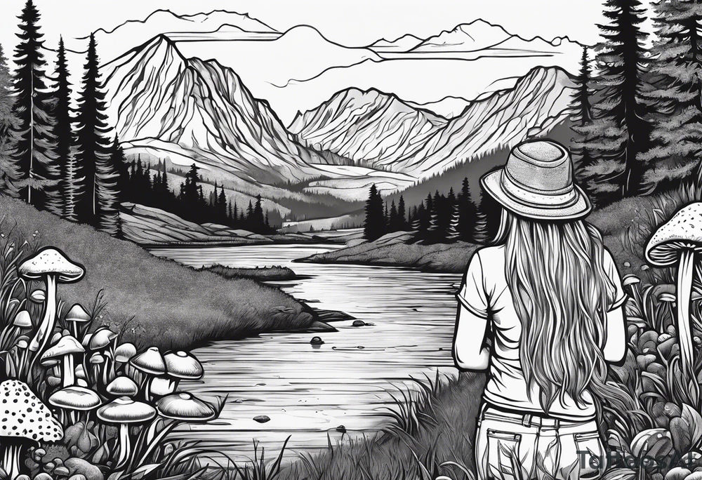 Straight long blonde hair hippie girl in distance holding mushrooms in hand facing away toward mountains and creek surrounded by mushrooms tee shirt and hiking pants tattoo idea