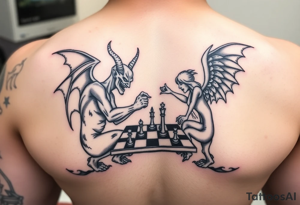 devil and angel playing chess in black and mainly just the outline tattoo idea
