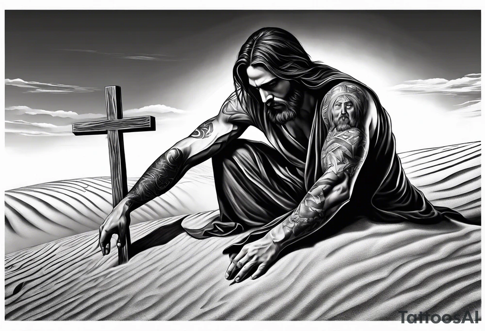 man crawling in a desert reaching to the cross of Christ tattoo idea
