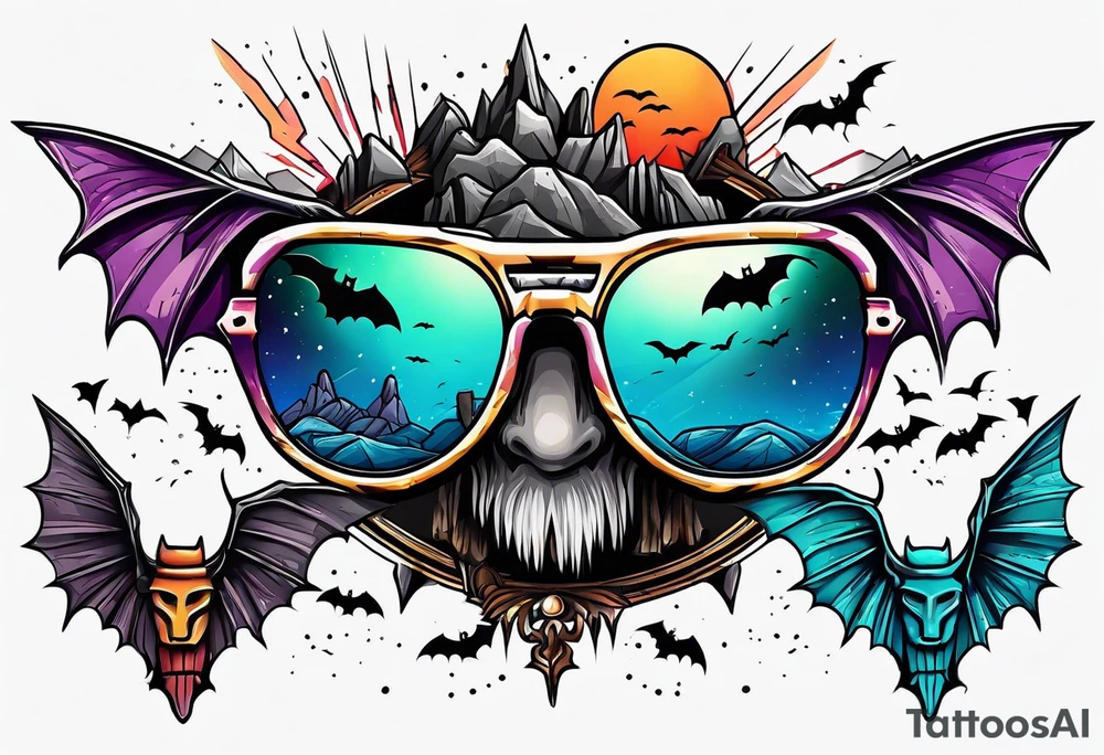 Colorful hieroglyph wearing sunglasses with bats water and stalagmites tattoo idea