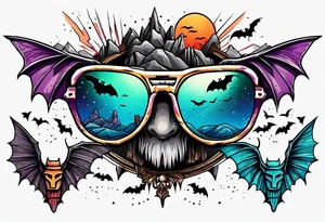 Colorful hieroglyph wearing sunglasses with bats water and stalagmites tattoo idea