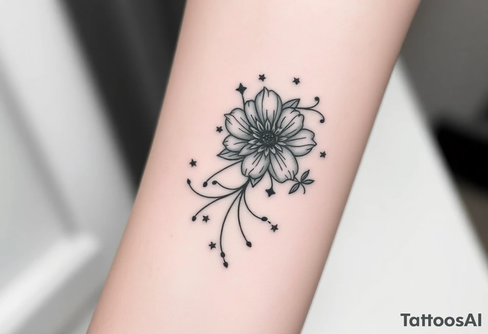 I want it on my wrist. I want a beautiful flower on the inside of my wrist with tendrils down the inside of my arm with little delicate stars or motes and the name Zoey

Why are you showing it on a back? I want it on the inside of my wrist

I want it to be a little smaller. I want the lines to be super fine. I want more organic delicate tendrils. The name Zoey should be about 3" up on the inside of my arm tattoo idea