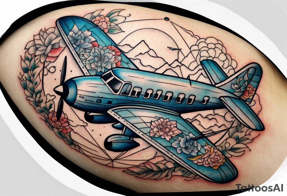 Travel themed for thigh, compass rose with tiny jet plane tattoo idea