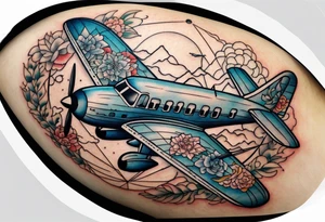 Travel themed for thigh, compass rose with tiny jet plane tattoo idea