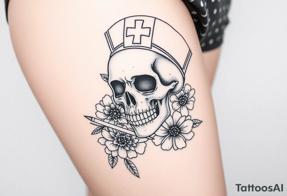 Pretty Nurse skull holding a needle with peonies and honey combs background tattoo idea