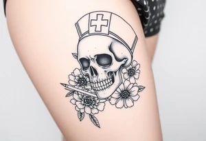 Pretty Nurse skull holding a needle with peonies and honey combs background tattoo idea